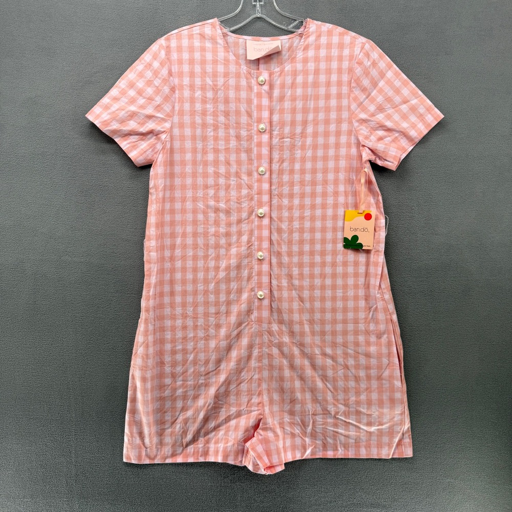 Ban.do Womens Pink Gingham Cotton‎ Button Front Romper Pockets Small NEW